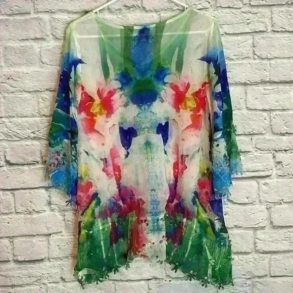 Mushka by Sienna Rose Watercolor Sheer Tunic Cut Out Fringe Size M - Picture 2 of 6